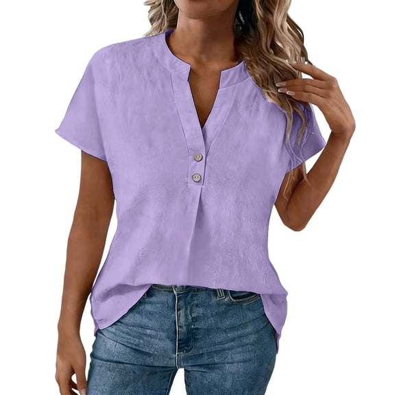 CYMMPU Women's Summer Cotton Linen Solid V Neck Short Sleeve Loose Top, Casual Lightweight Breathable Summer Blouse Purple L