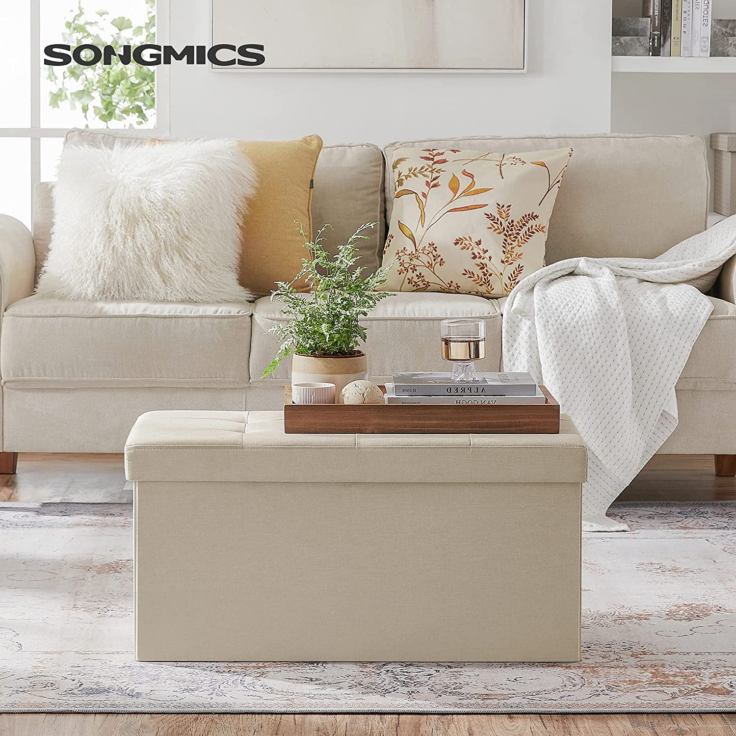 SONGMICS 30" Storage Ottoman Bench Ottoman with Storage Footstool Hold up to 660 lb for Bedroom Living Room Beige