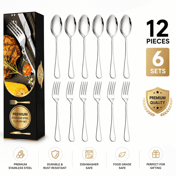TAVENE 12 Pieces Cutlery Set, Stainless Steel Dinner Forks and Spoons, Heavy Duty Silverware 6.7 Inch, Dishwasher Safe