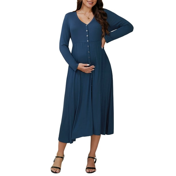 INSPIRE CHIC Vestidos de Maternidad para Mujeres con Botones, Plisados, de Punto, de Manga Larga, para Sesiones de Fotos, Vestido Maxi de Embarazo XL Azul