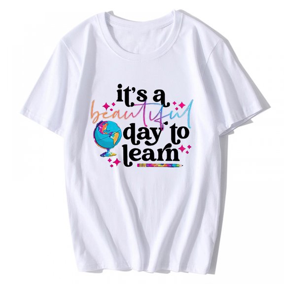 T-Shirt for Women Teacher Life Shirt It's a Beautiful Day to Learn Tee Funny Back to School Teacher Gift Casual Short Sleeve Top White 2X-Large