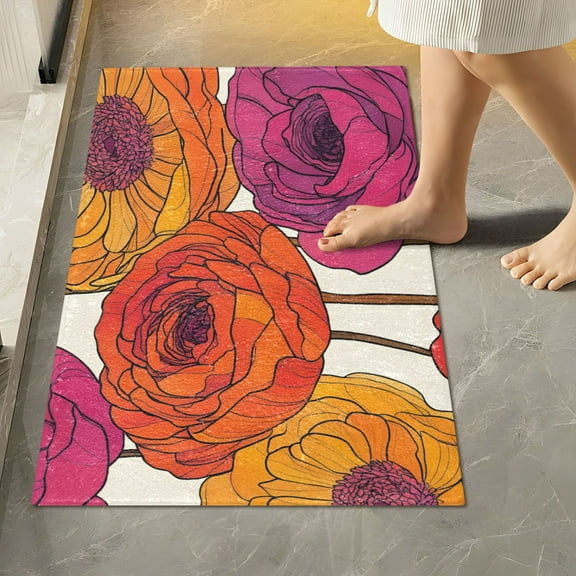 Yayeee Bath Rug for Bathroom Floor Non Slip Rectangle Fluffy Soft Absorbent Mat, 16"x24", Purple Hand Drawn Floral
