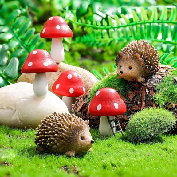 6pc Fairy Garden Accessories Outdoor Decor, Resin Hedgehogs & Wood Mushrooms Sculpture, Handmade Waterproof Lawn Ornaments for Patio Yard Art, Red