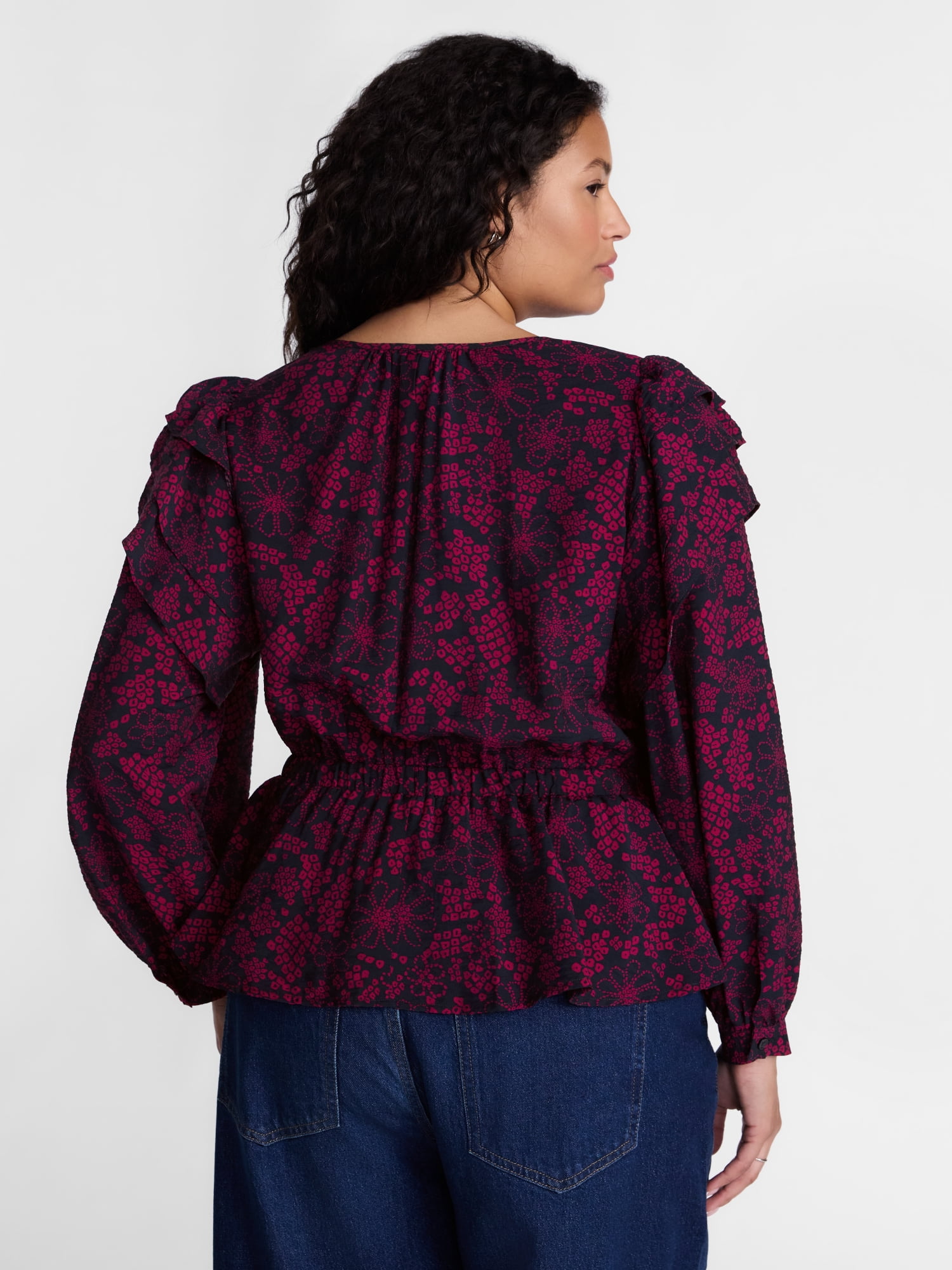 Terra & Sky Ruffled Shoulder Tie Waist Top with Long Puff Sleeves, Sizes 0X-5X