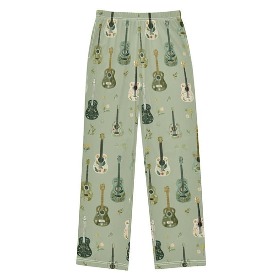 FORMRS Kids Pajama Pants with Pockets Size 6-8Y Boys Lounge Sleep Bottoms, Green Floral Guitar Pattern