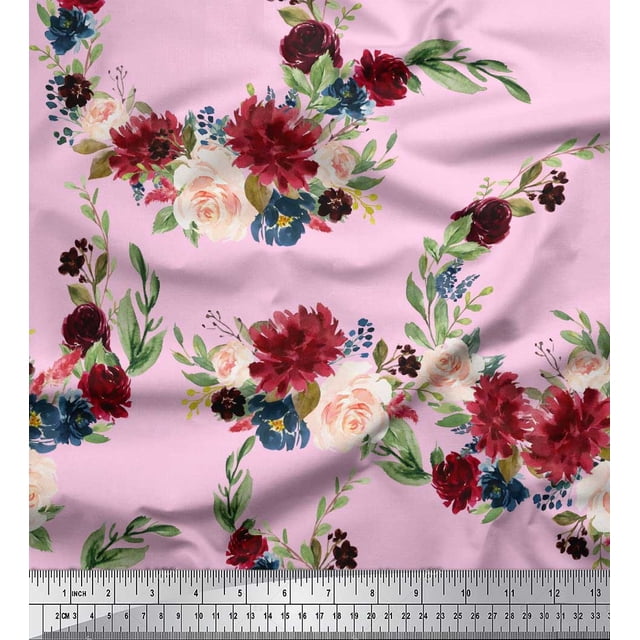 Soimoi Pink polyester Crepe Fabric Ranunculus & Penoy Floral Print Print Sewing Fabric By the Yard 52 Inch Wide