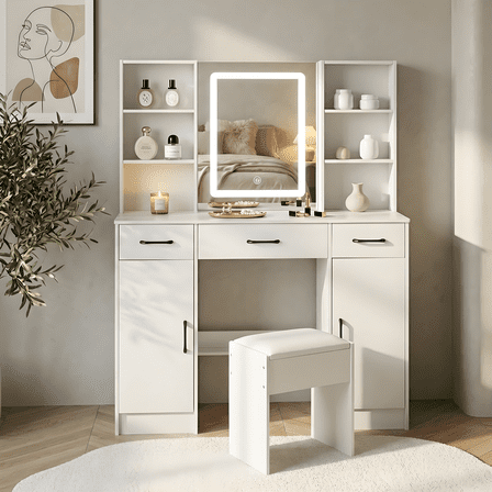 Teousev Lighted Vanity Desk with Mirror & Drawers, White Makeup Table Set with Stool