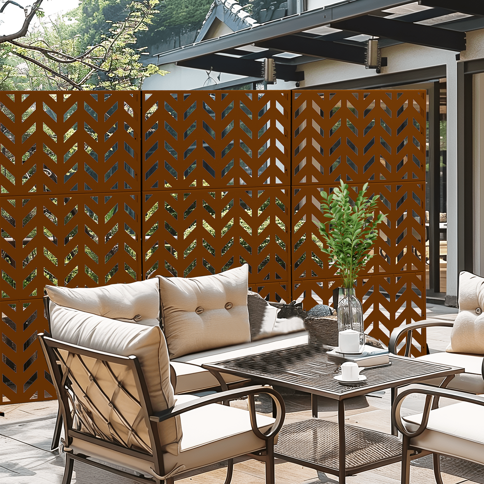 MAYEERTY 72"x47"x16" Outdoor Privacy Screen with Stand Metal Balcony Decorative Screen,Brown