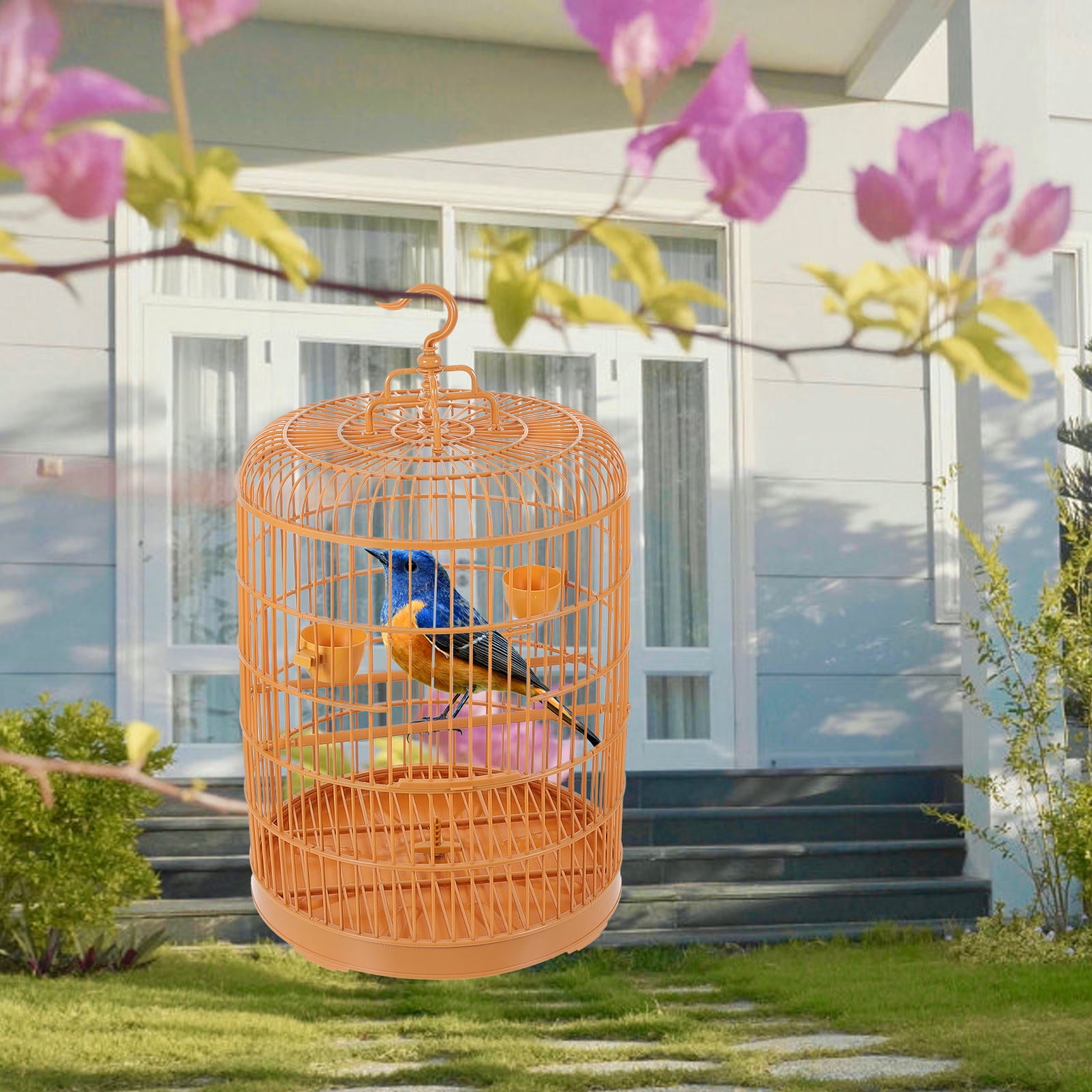 OUNONA Plastic Hanging Bird Cage in Yellow Stylish Round Cage for Small Animal Storage