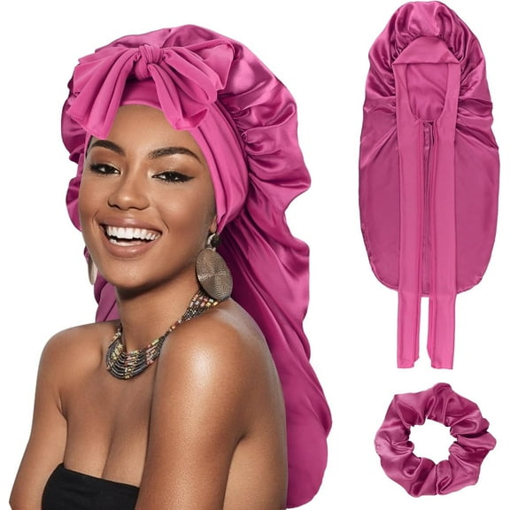 YSTDHL Long Satin Braid Bonnet for Women Silk Bonnet for Sleeping Sleep Cap with Elastic Tie Band Night Cap for Long Curly Hair Locs