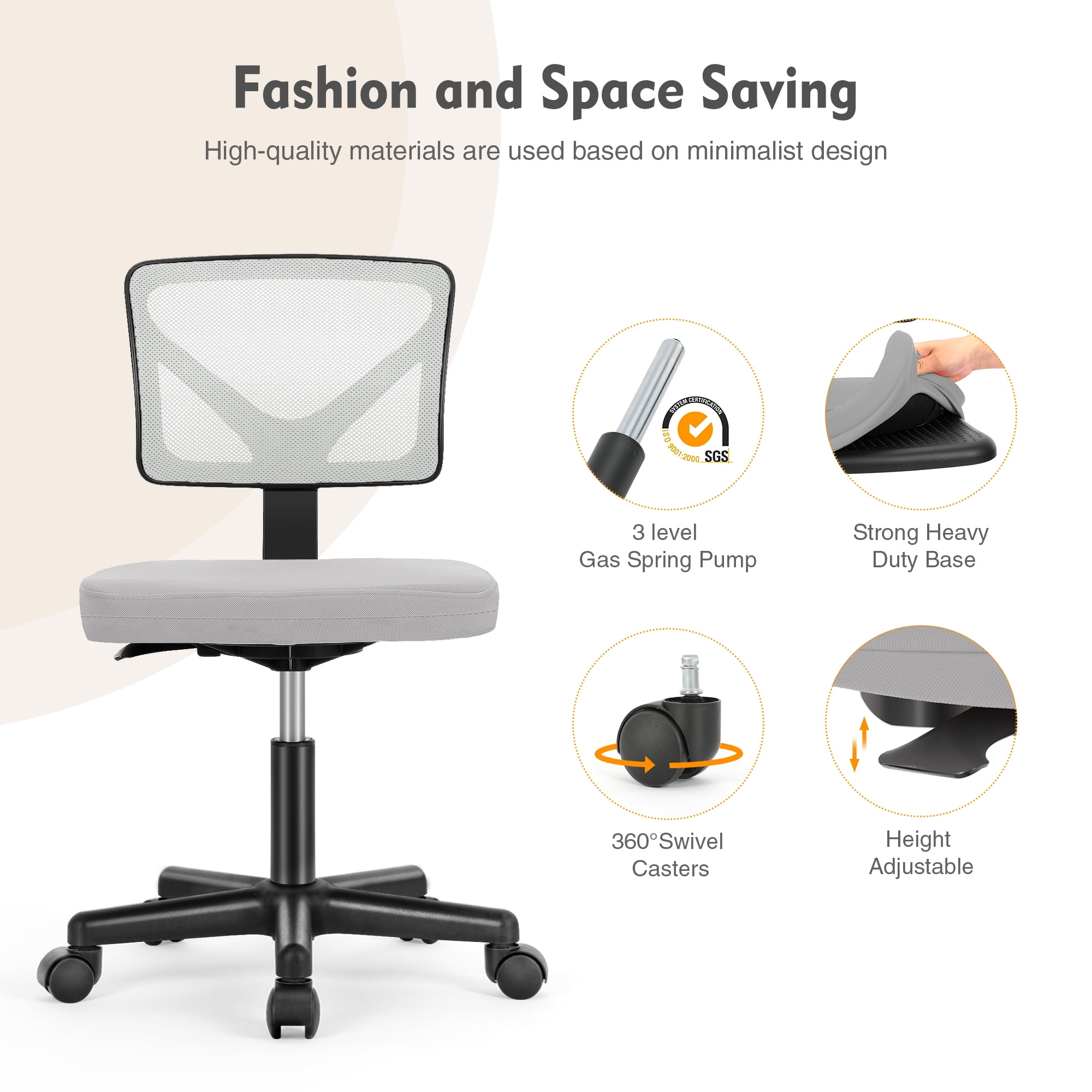 CONCETTA Mesh Office Desk Chair with Ergonomic Low-Back, Armless Design, Rolling Swivel Chair with Wheels, Gray