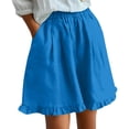 thumbnail image 2 of Hvogkswy Linen Shorts for Women, Solid Color Ruffled Elastic Waist Pants with Pockets Soft Breathable Summer Beach Casual Flowy Wide Leg Shorts, 2 of 8