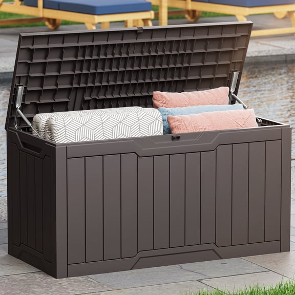 Uforic 100 Gallon Resin Outdoor Storage Box, Lockable Waterproof Deck Box for Patio Garden Cushion Tools, Dark Brown