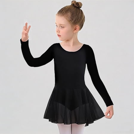 REDARER Girls Long Sleeve Ballet Dance Dress Soft Stretchy Tutu Leotard Performance Practice Outfit 6-7 Years