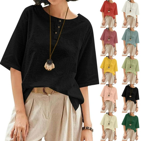 Horkkom Linen Shirts for Women Summer Crew Neck Short Sleeve Shirts Solid Color Lightweight Casual Tops Loose Button Tunic Tops Black L
