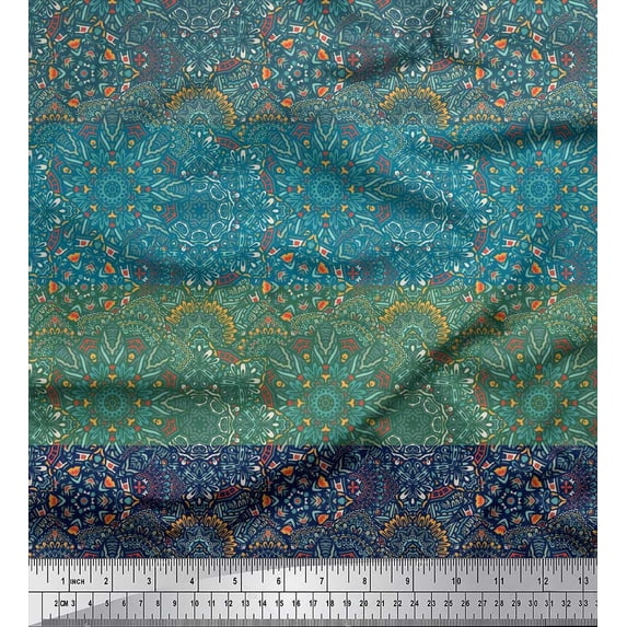 Soimoi Rayon Crepe Fabric Stripe & Mandala Kaleidoscope Printed Craft Fabric by the Yard 46 Inch Wide