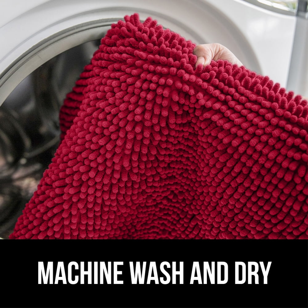 GORILLA GRIP Chenille Bath Rug 30x20, Rubber Backing Quick Dry Washable Microfiber Mats, Red