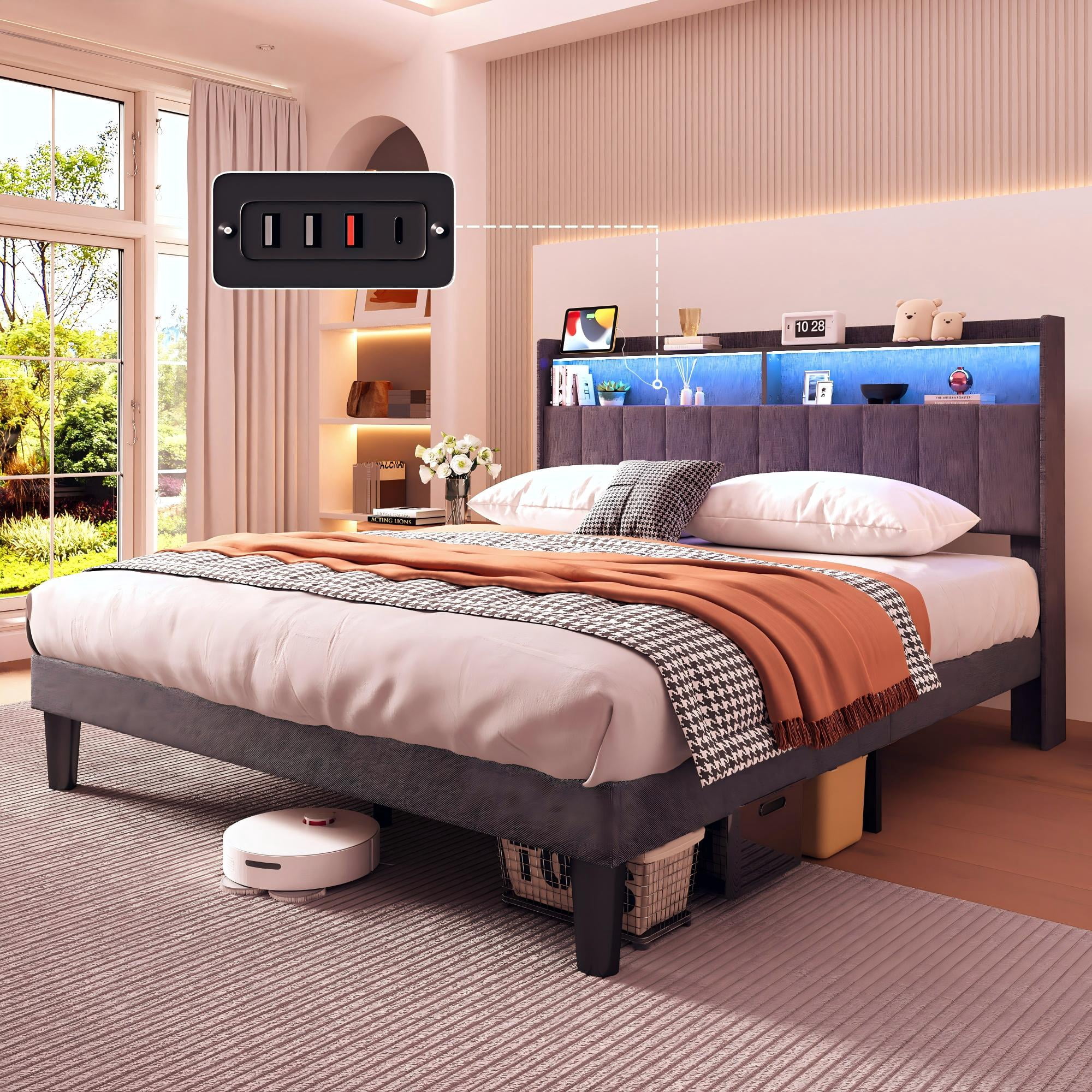 Lofka Queen Size Bed Frame with Lighted Storage Headboard for Bedroom, Dark Gray Finish