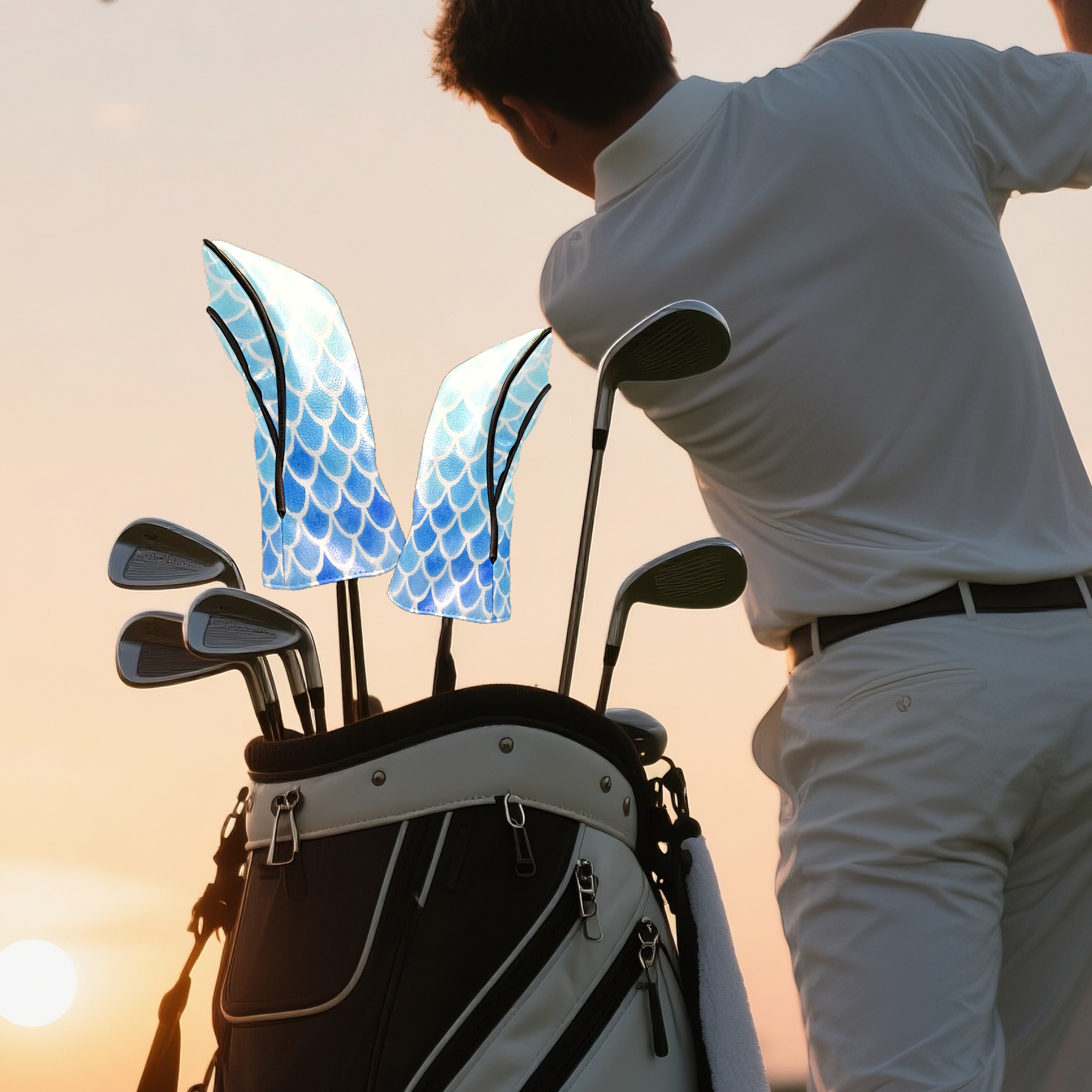 Golf Club Covers, Blue Mermaid Scales Premium PU Leather Driver Hybrid Putter Head Covers with Velvet Lining, Waterproof Golf Gifts for Men Women