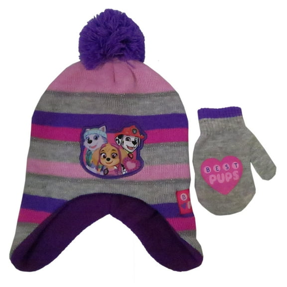 Nickelodeon Toddler Girls/Boys Paw Patrol Knit Scandinavian Hat with Pompom and Matching Mitten Set