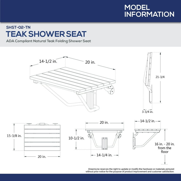 DreamLine Natural Teak Folding Shower Seat. ADA Compliant Shower
