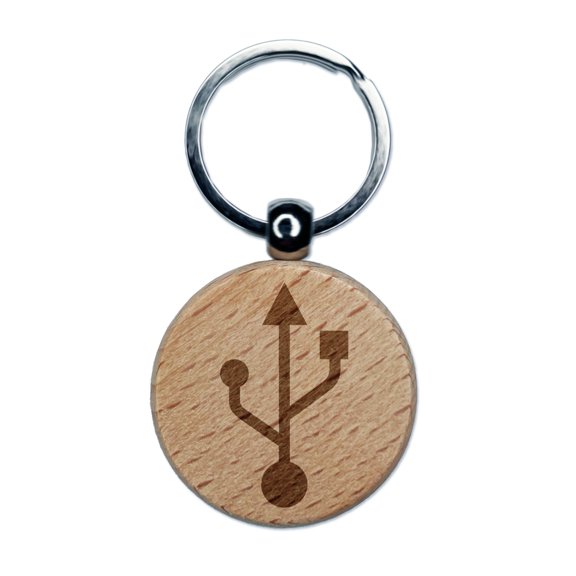 USB Symbol Round Keychain Charm Tag - Engraved Wood