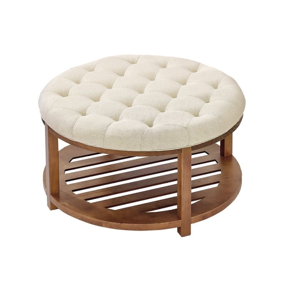 Round Ottoman Coffee Table 31.9 Inch, Linen Storage Ottoman with Wood Shelf, Tufted Footrest for Living Room Bedroom, 350lbs Capacity, Linen Color