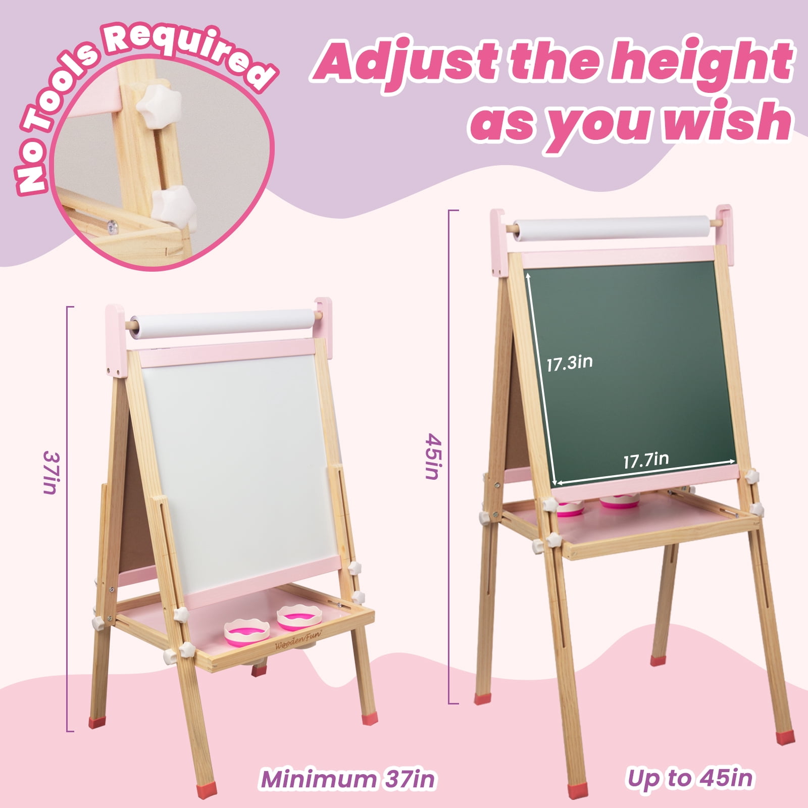 Kids Wooden Easel with Paper Roll, Adjustable Magnetic Double Sided Drawing Board Whiteboard & Chalkboard Dry Easel Board, Children Art Easel for 3-12 Years Kids Boys Girls Painting Drawing
