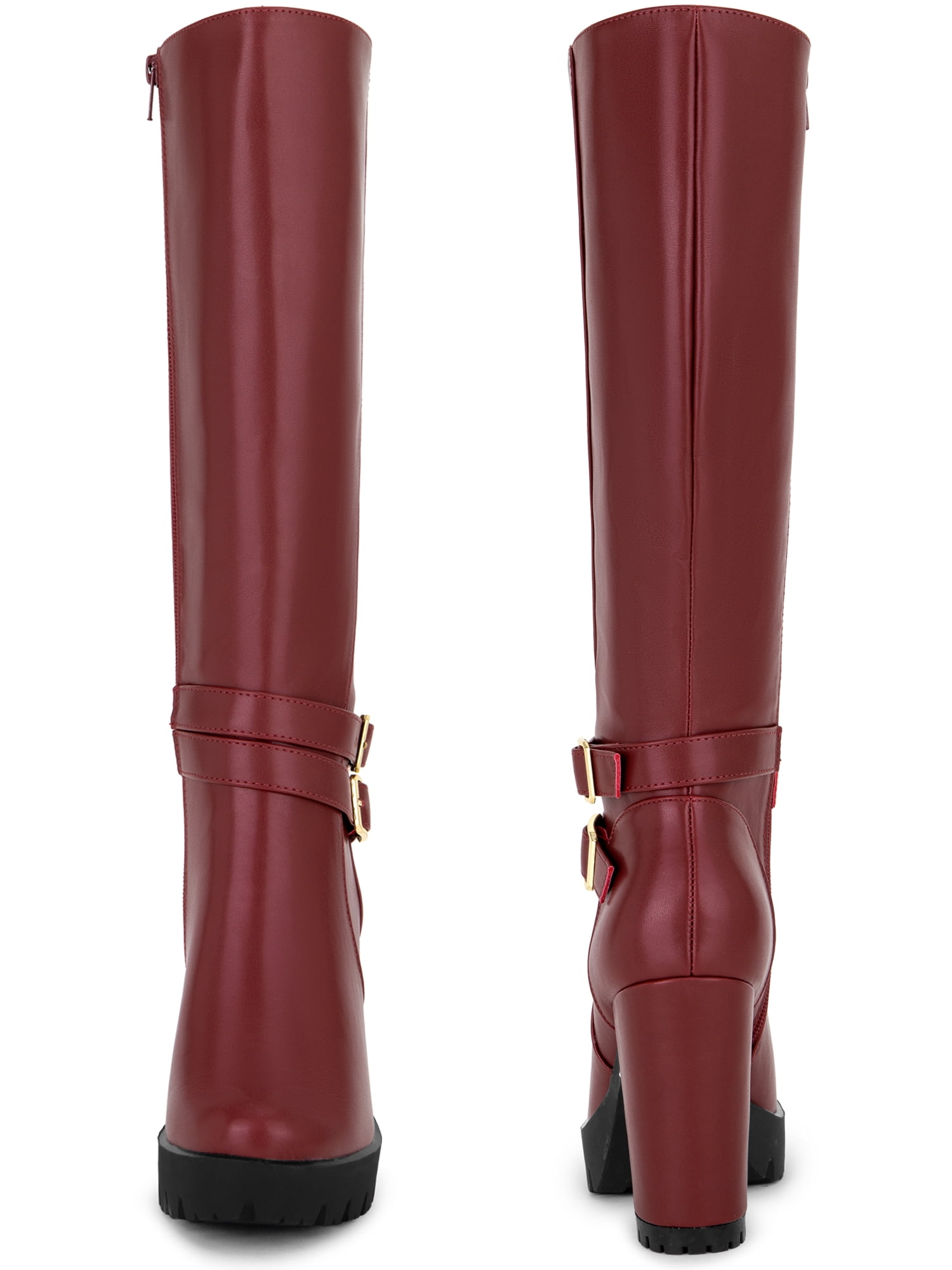 DARING DIVA Women's Round Toe Platform Chunky Heels Knee High Boots Burgundy 7