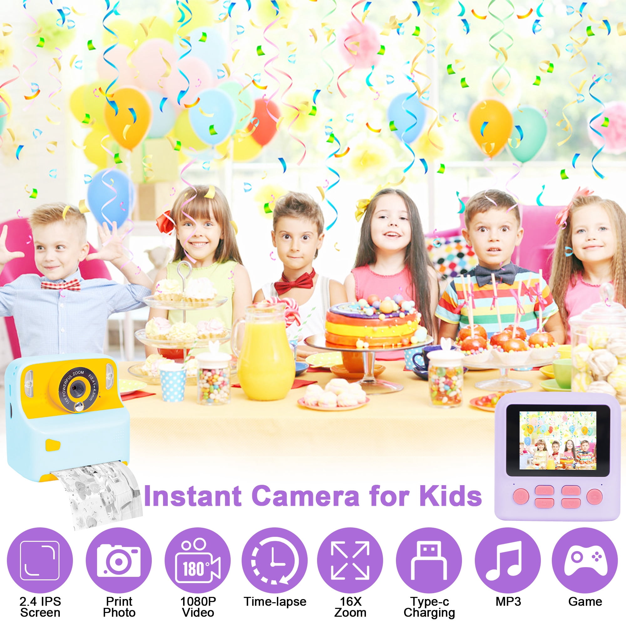 Yexmas Instant Print Digital Kids Camera 1080P Rechargeable HD Digital Toy Cameras Gift with 32G SD Card for Age 3-12, Purple