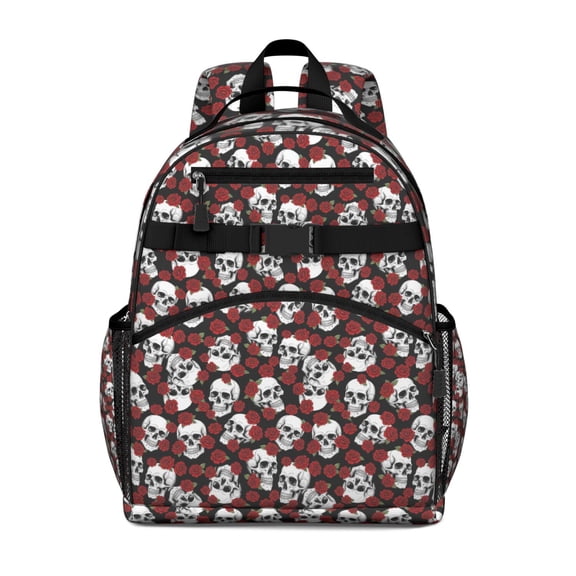 Black Skull Rose Pattern Backpack for School,Cute School Bag,Schoolbag with Adjustable Shoulder Straps & Padded Back,15.25"x11.5"x5.25"