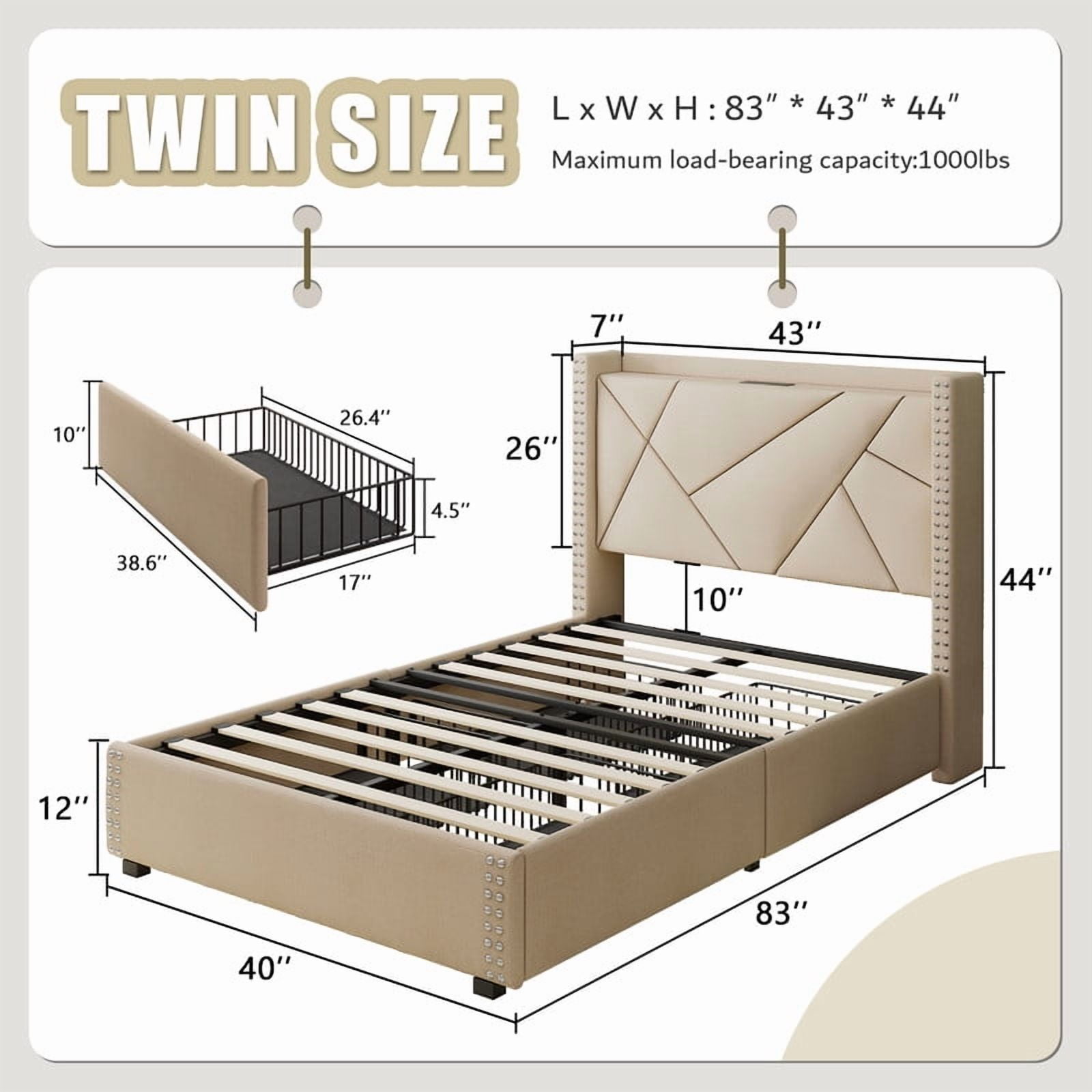 iPormis Twin Bed Frame with Charging Station & Wingback Upholstered Headboard, Platform Bed with 4 Storage Drawers , Solid Wood Slats Support, No Box Spring Needed,Beige