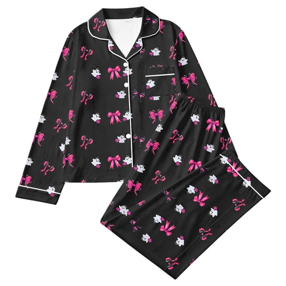 CONZONE Halloween Pajamas for Women Set Printed Long Sleeve Button Down Tops and Pants Hallowmas Loungewear Soft 2 Piece Pjs Set for Women