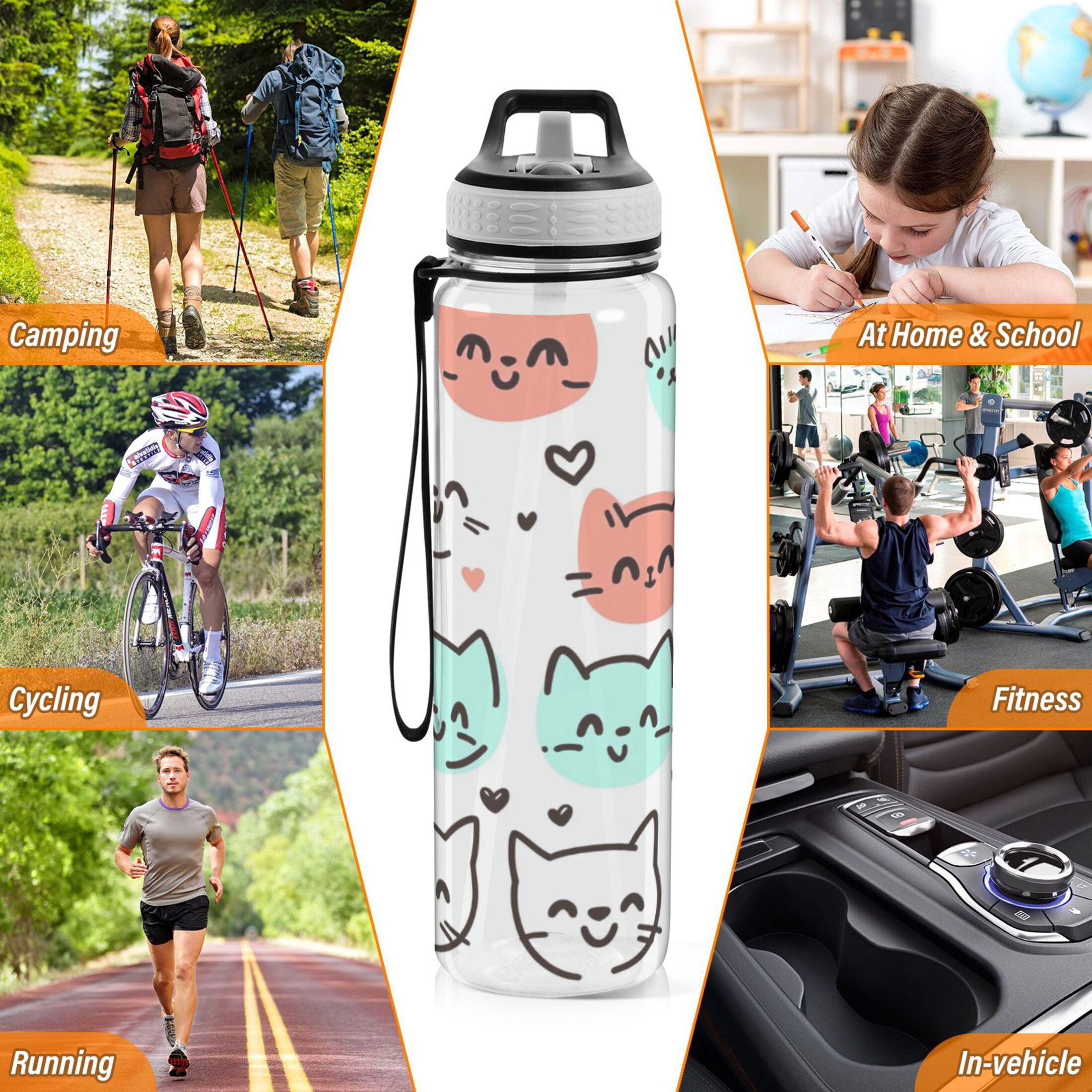 Whimsical Kittens 1000ml Tritan Sport Bottle Straw LeakProof Food-Grade Portable Wide Handle