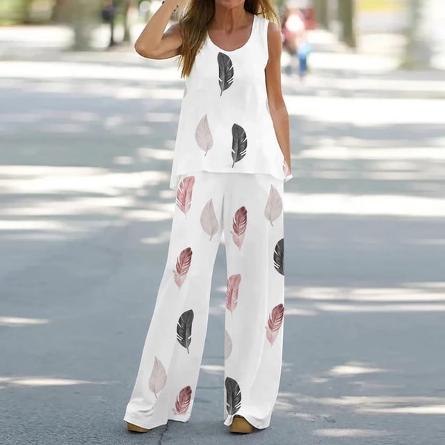 ICHUANYI Clearance Women's Summer Printed Short Sleeve Half Sleeve Round Neck Cropped Top + Casual Pants Suit Set Two Piece Lounge Set(White, M) ICHUANYI WER2023081017364