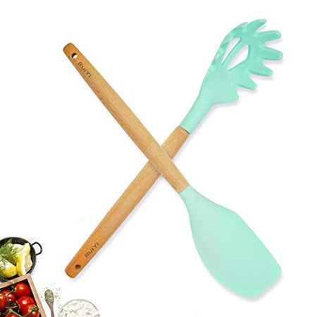 

Silicone Spatula Set Pasta Spoon Cooking Utensils Set for Nonstick Cookware Pioneer Natural Wooden Handle Utensils Gift for Woman Mom Family(Mint Green)