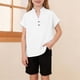 thumbnail image 1 of Camisa de verano para niñas, con botones sólidos, cuello en V, holgada, blusa con abertura lateral, blusas de algodón y lino para niñas, 1 of 9