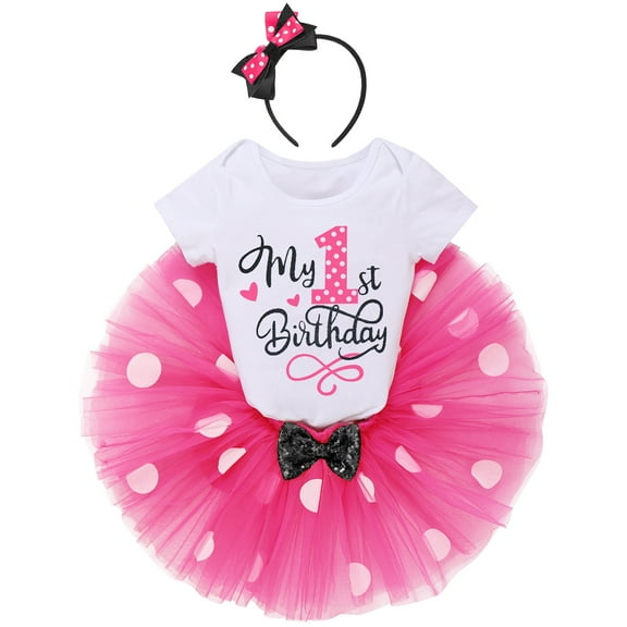 IBTOM CASTLE Toddler Baby Girls 1st 2nd Birthday Outfit Mini Polka Dots Romper Tutu Dress Mouse Ears Headband Princess Skirt Set for Photo Shoot 1 Year Hot Pink