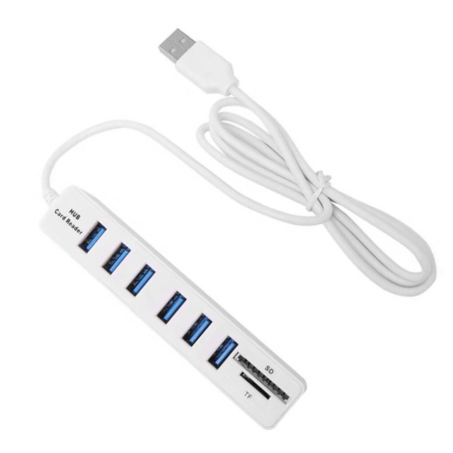 Injueey Universal Mini USB Hub 2.0 Divisor USB de alta velocidad Adaptador de concentrador de 6 puertos con lector de tarjetas TF para Juegos de teclado y mouse para computadora Blanco