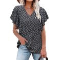 thumbnail image 1 of Top con cuello en V para mujer, mangas cortas con volantes, camiseta informal de verano holgada para uso diario, estampado floral negro L, 1 of 4