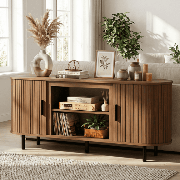 Flictozena 65" Mid Century Modern TV Stand with Sliding Doors, Curved Fluted Design & Adjustable Shelves - Brown Media Console Entertainment Center for TVs up to 75 Inches