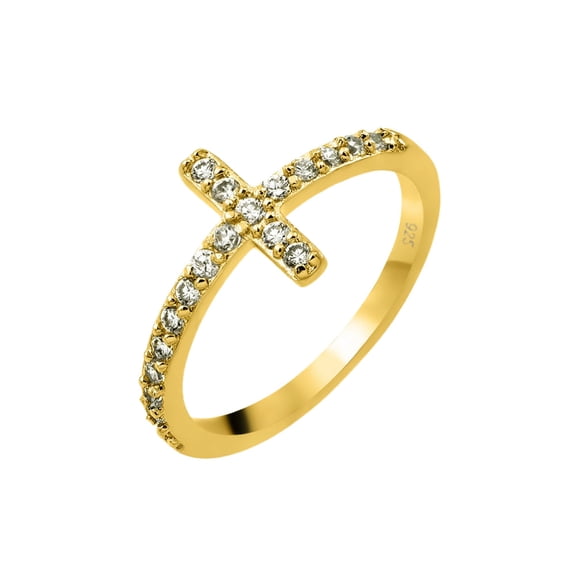 Gold Plated Sterling Silver 925 Clear Inlay Cross Ring Band White CZ Jewelry Female Size 8