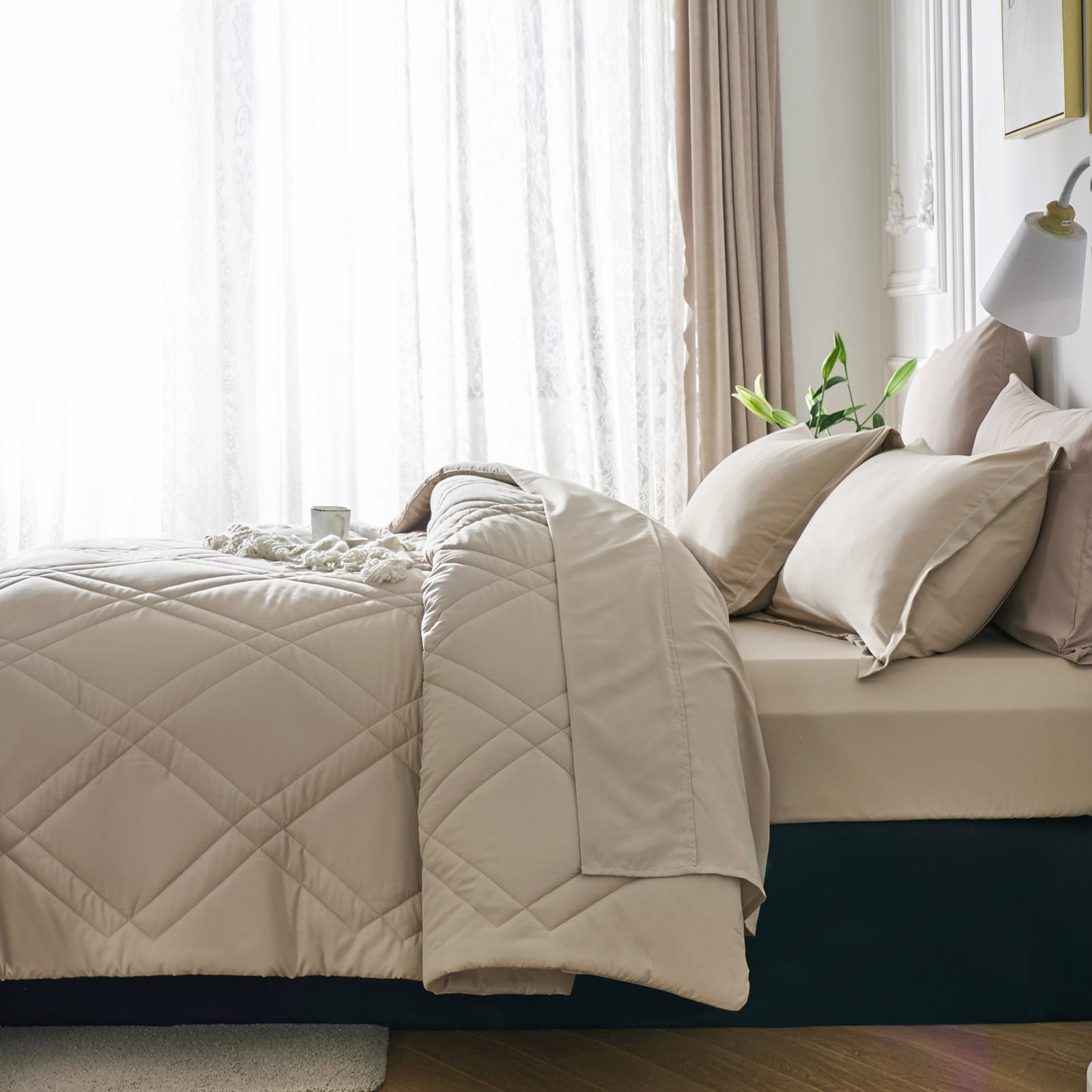 Davulos Comforters Queen Size,7 Pieces Bed in a Bag for All Season Bedding Set Alternative Khaki Comforters Set