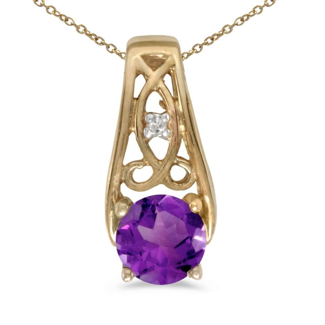 10k Yellow Gold Round Amethyst And Diamond Pendant with 18" Chain