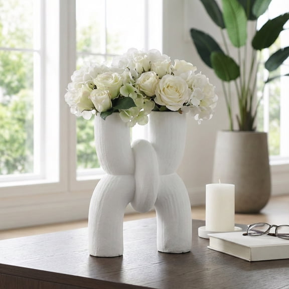 Sculptural Abstract Vase for Living Room Decor - Modern Ceramic Flower Vase for Home and Room Shelf Styling - Handmade Pottery Accent Display for Bedroom, House and Office Table Decor - 15", White