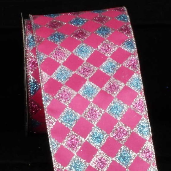 The Ribbon People Pink and Blue Glitter Harlequin Wired Craft Ribbon 4" x 20 Yards