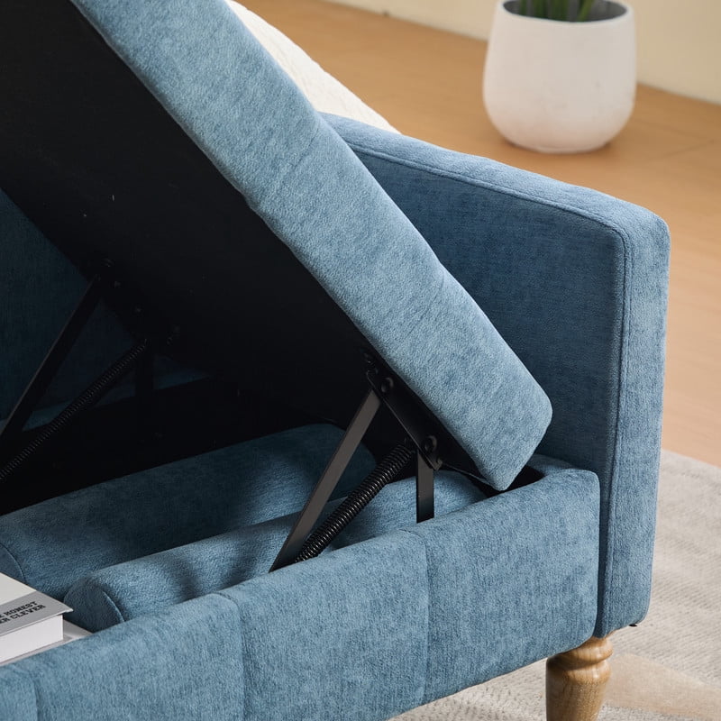 AISWORD 64.6"W Chenille Storage Bench with Armrests & Backrest,Flip-Top End of Bed Bench,Tufted Footrest Ottoman,2 Bolsters,Whitewashed Rubberwood Legs for Living Room,Hallway,Entryway,Bedroom,Blue