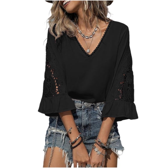 hlysgo Womens V Neck T Shirts Pullover 3/4 Length Sleeve Tops Business Officewear Casual Blouses Black,XL