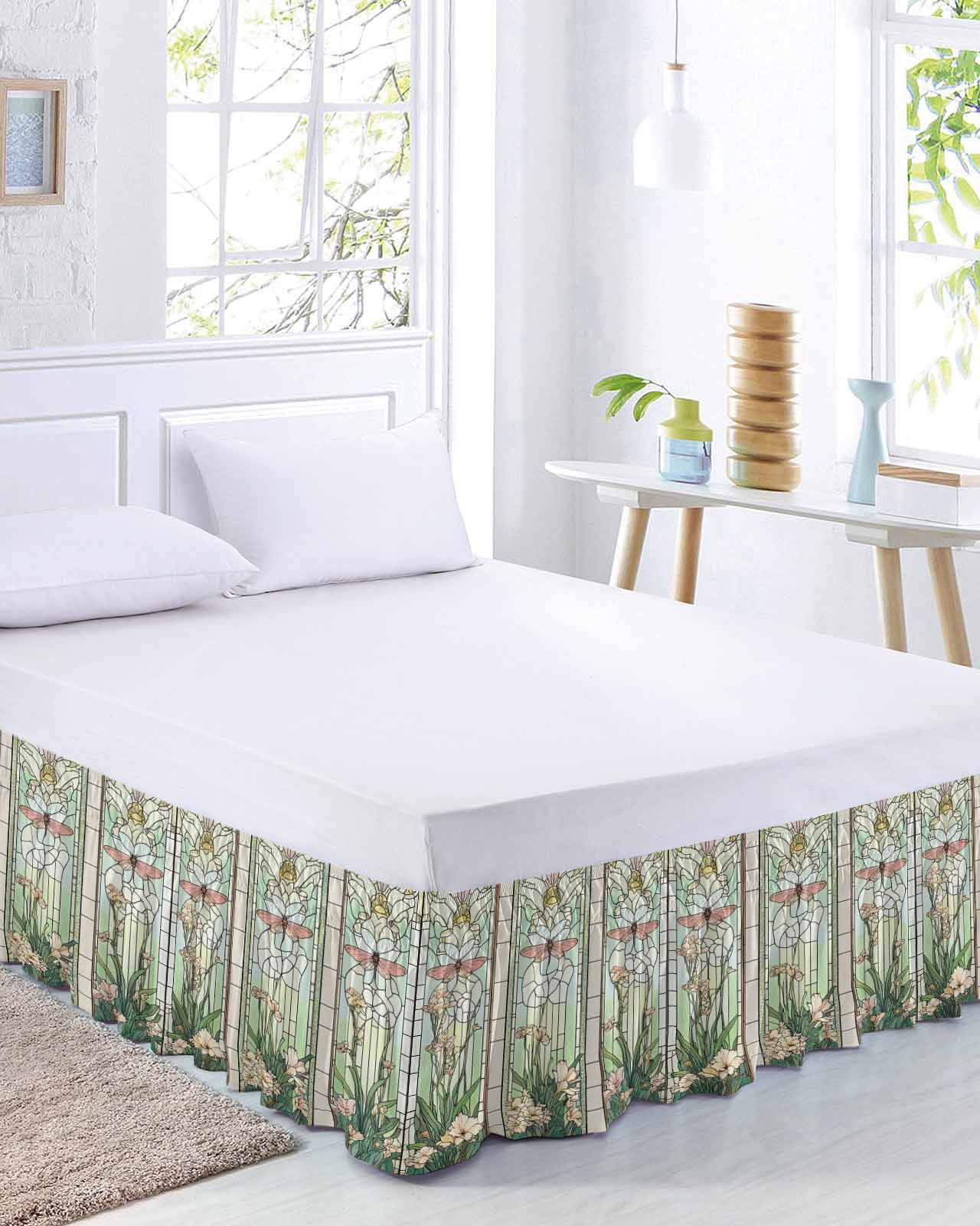 Butterfly Flowers Bed Skirt Queen Size, Vintage Stained Glass Green Spring Wrap Around Bed Skirting with Adjustable Elastic Strap, Dust Ruffle Pleated Bedskirts 16 Inch Drop for Bedroom Queen Beds