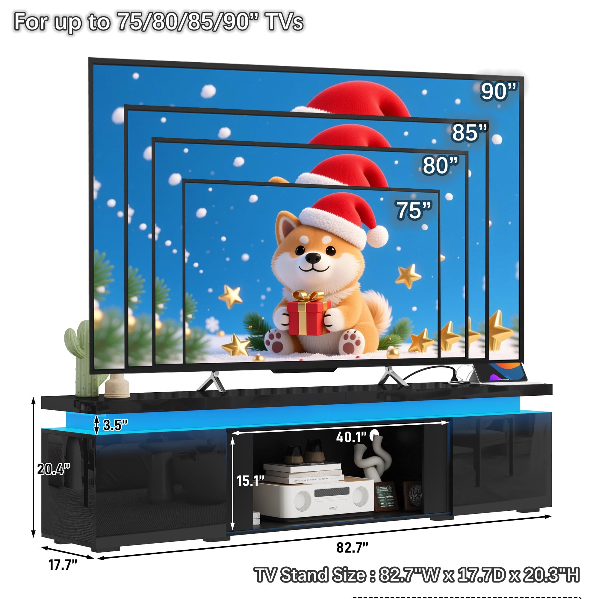 83" High Gloss LED TV Stand with Fireplace Slot & Mounting Kit for 75" 85" 90" TVs, Modern Entertainment Center with Power Outlet, Fits 40" Electric Fireplace (Fireplace NOT Included)